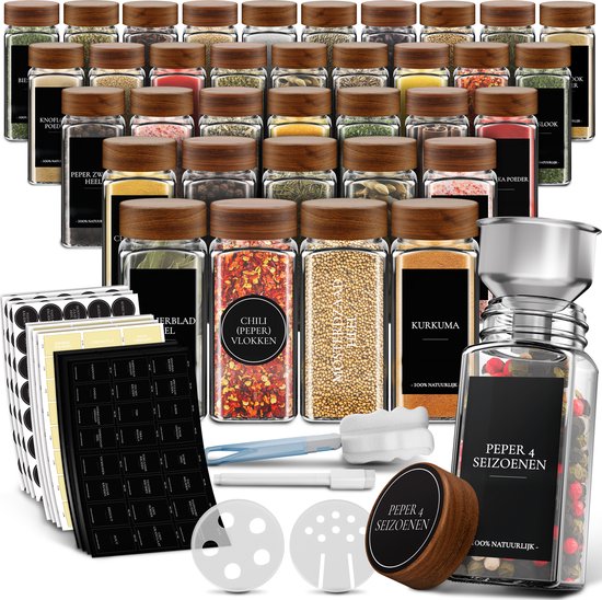 Soothe 36 Glazen Kruidenpotjes Vierkant met Acacia Deksel – 2 Soorten Strooideksels – Kruidenstrooier – Spice Jars – Complete Set incl Kruiden Stickers, Krijtstift en Accessoires – 120ml