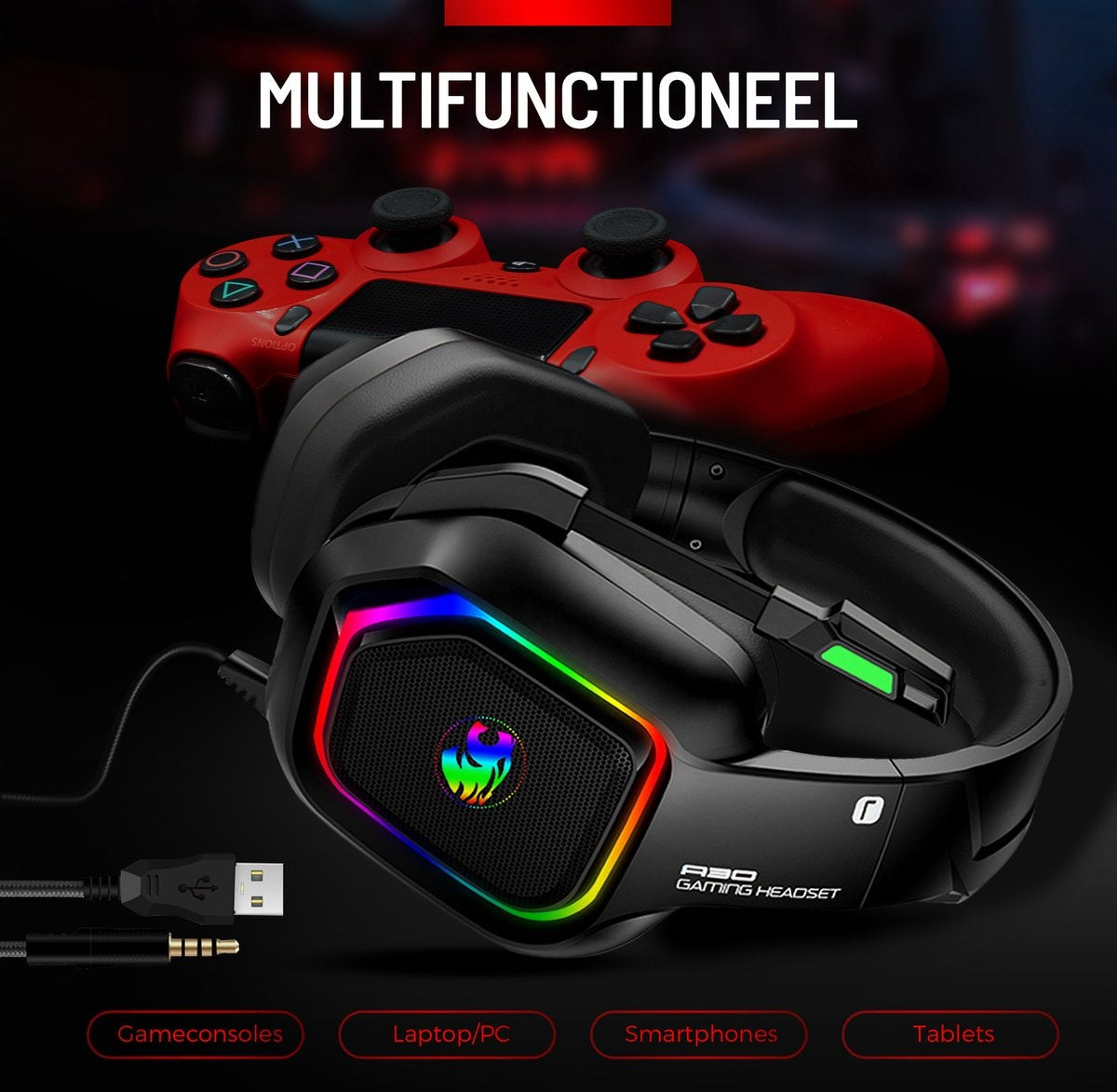 URGOODS Gaming Headset – Virtueel 7.1 Surround Sound  – 1 m kabel – Zwart/RGB