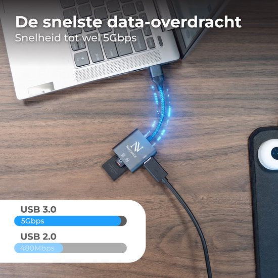 Nuvance SD Kaart Lezer - SD Card Reader - 3 in 1 - SD Kaartlezer - USB C & USB A - Micro SD Kaart Lezer - TF kaart