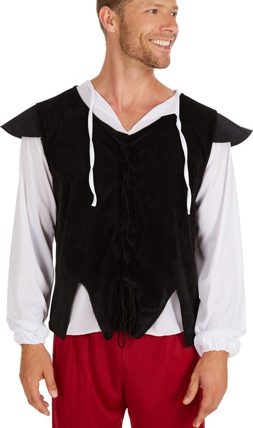 DressForFun Herbergier Kostuum Middeleeuwen – Voorzien Van Gilet Met Rijgkoord En Comfortabele Broek En Shirt Met Lange Mouwen – For Carnaval En Themafeesten – Zwart Polyester – Maat L