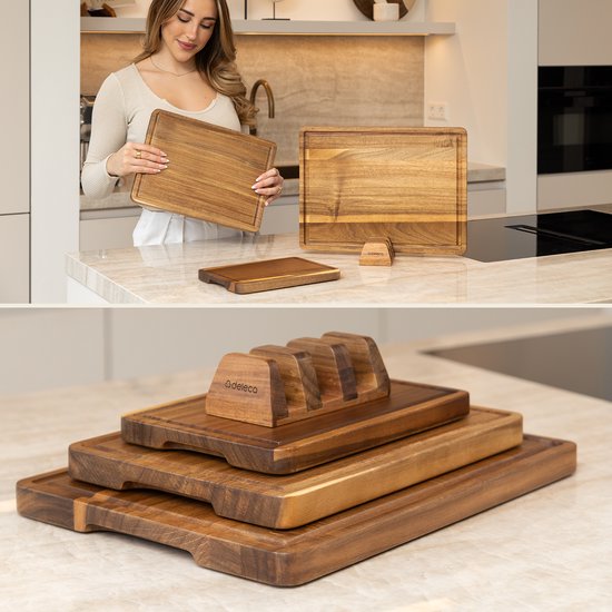 Deleca 3-delige Snijplankenset Sevilla met Houder - Snijplanken (40x30 | 33x24 | 26x18 cm) - Voor Keuken, Serveerplank, Kaasplank, Borrelplank, Snijplank en Tapasplank - FSC Acacia Hout