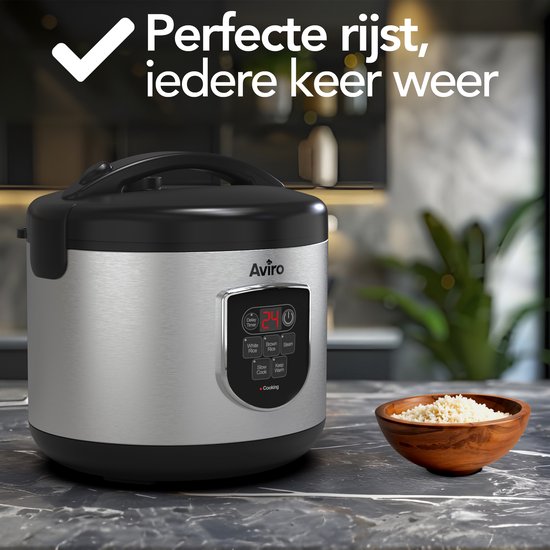 Aviro Rijstkoker - Slowcooker - 1,8L - 7 Functies - Warmhoudfunctie - Rice Cooker - Anti Aanbaklaag - Multicooker - 2-10 Personen - RVS