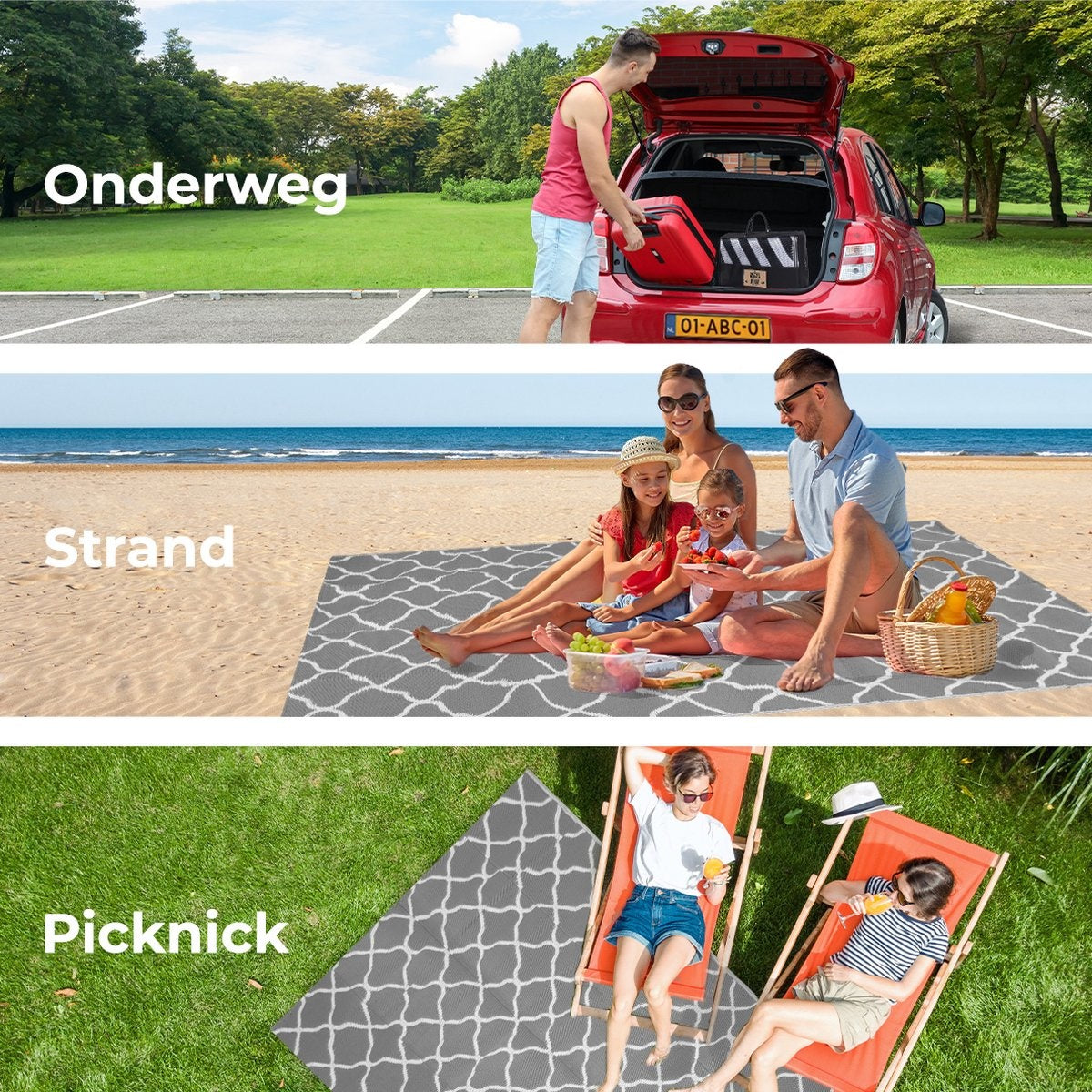 LifeGoods Buitenkleed - 120x180CM - Vloerkleed - Tuintapijt - Omkeerbaar - Incl. Draagtas - Met Patroon - Grijs/Wit