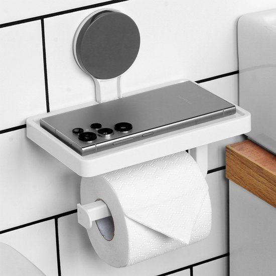 Bathroom Solutions - Toiletrolhouder met Plank - Witte Kunststof - Zuignapbevestiging - Klassiek Ontwerp