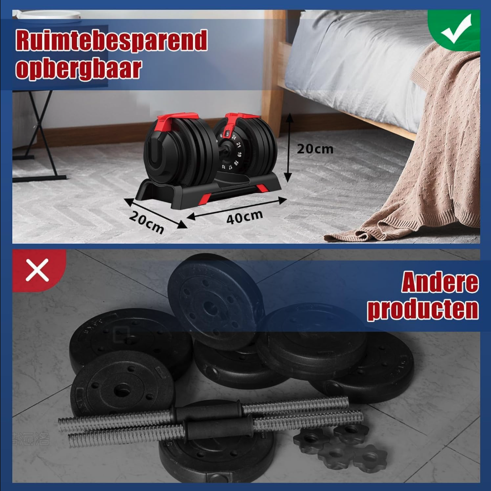 DH FitLife Verstelbare Halter 24KG – 12 Gewichtsniveaus - 3–24 KG – 12-in-1 Dumbbell Set - Halterschijven