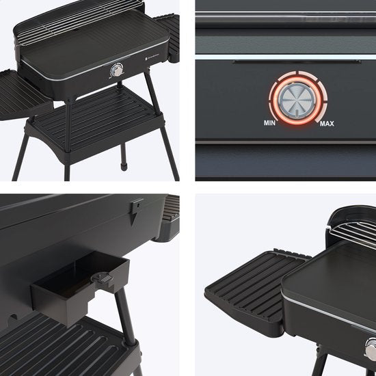 KitchenBrothers Elektrische BBQ - Staand en Tafelmodel Barbecue - Tafelbarbecue - Anti-aanbaklaag - 24x50cm Grilloppervlak - 2200W - Zwart