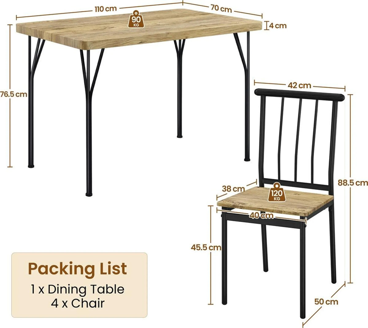 Yaheetech 5-delige eethoek voor 4 personen - Tafel met 4 stoelen - 110 x 70 x 76,5 cm - Bruin