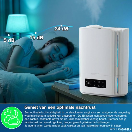 Erikssøn Luchtbevochtiger Hydra Comfort - 6 Liter - Geschikt voor Woonkamer, Kantoor, Slaapkamer, Babykamer - Met Aromatherapie - Wit