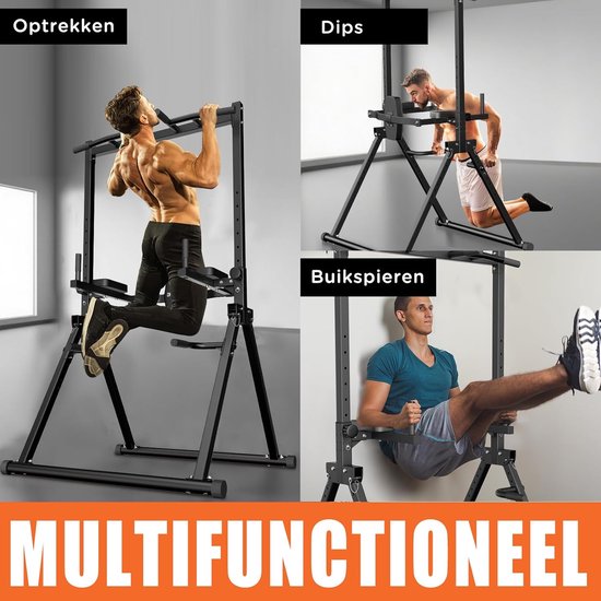 DH FitLife Opvouwbare Power Tower Dip Station tot 210 kg | Vrijstaande Optrekstang met Dipbars en Rugtrainer | Krachtstation Krachttoren