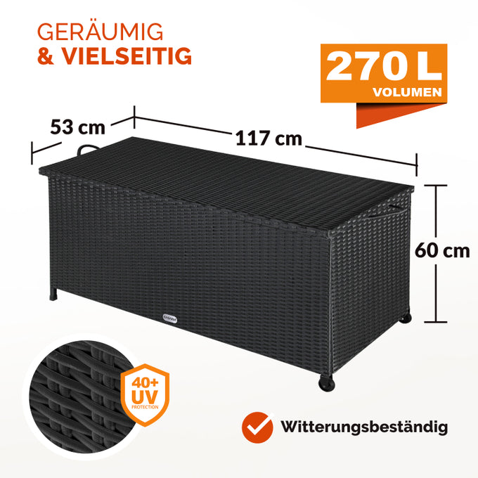 Casaria Polyrotan Kussenbox – Voorzien Van Twee Gasdrukveren En Waterdichte Binnenvoering En Twee Wielen – Voor Zitkussens En Tuinaccessoires – Zwart Gepoedercoat Staal – Honderdzeventien Lang En Drieënvijftig Breed En Zestig Hoog cm
