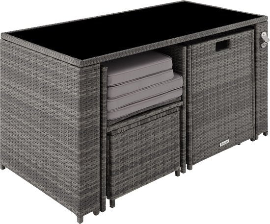 tectake® - wicker zitgroep, 5-delige lounge tuinmeubelset met tafel, fauteuil en kruk, eetgroep voor maximaal 4 personen, tuin- en balkonmeubilair inclusief kussens – grijs - poly-rattan