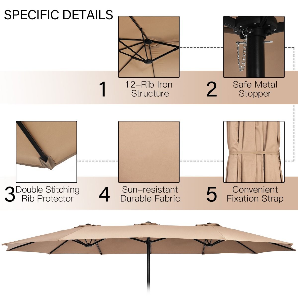 Coast 451,5 x 264 cm Dubbele Terrasparasol met Standaard – Bruin XXL Schaduwparasol voor Tuin, Terras en Zwembad