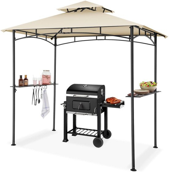 tectake® Barbecue Paviljoen - BBQ Overkapping - 240 x 150 x 250 cm - Tuinpaviljoen - Weerbestendig - UV-Bescherming - Dubbel Daksysteem - Gazebo met Ophanghaken, Roosterplanken en Flesopener - Grillpaviljoen - Zandkleur