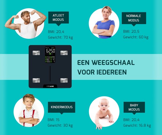 FITAGE LED Weegschaal Personenweegschaal Digitaal - Slimme Weegschaal met 17x Lichaamsanalyse - Weegschalen - FITAGE App