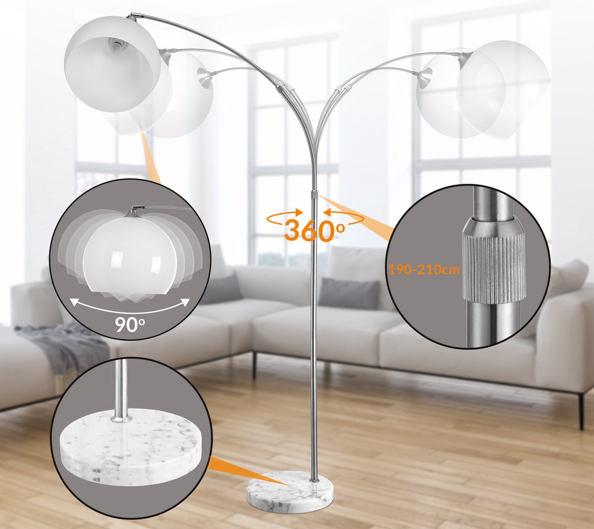 Monzana Retro Design Booglamp - Staande Vloerlamp - Verstelbaar 190-210 cm - Opaalwit - Zilver