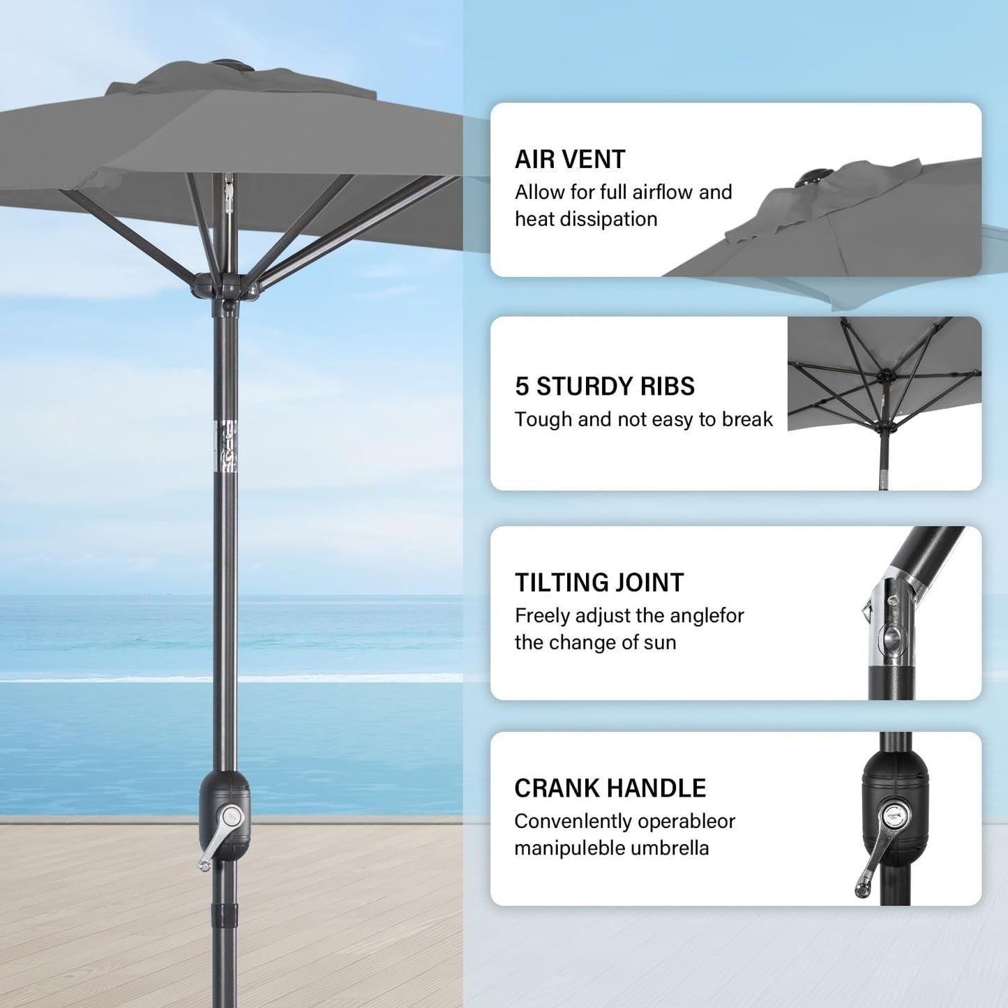 Angel Living Balkonparasol - Halfrond - 265 x 130 cm - Grijs