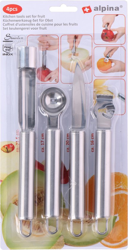 alpina Fruitsnijset - Set van 4 Stuks - Schiller/ Fruitsnijder/ Appelboor/ Meloenboor - RVS