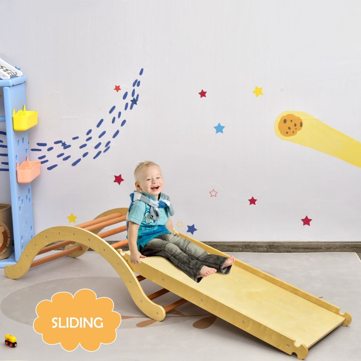 Coast 3-in-1 Klimladder Set voor Kinderen - Boog met Klimhelling en Schommelstoel - naturel + blauw