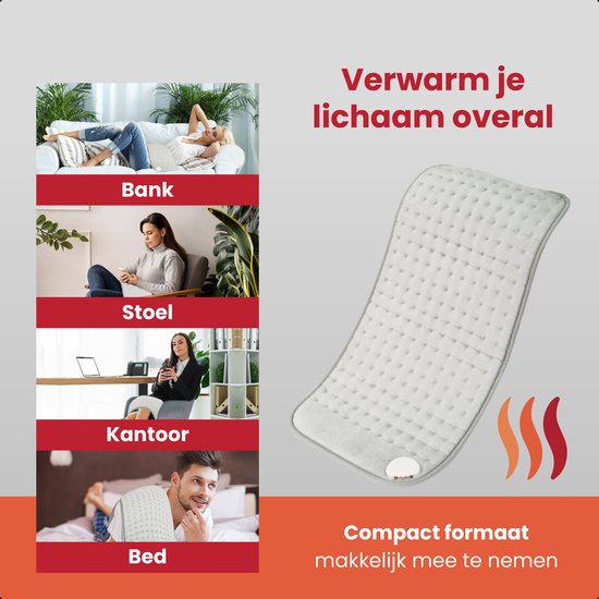 Seranova Elektrisch Warmtekussen voor Rug, Voeten, Nek, Schouders, Buik - Heating Pad - Verwarmingskussen - Wasbaar - 60x30cm - Grijs
