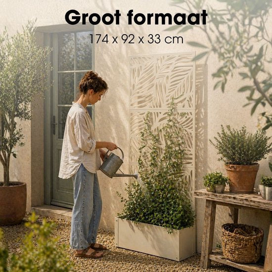 Mica Decorations Sapri Plantensteun - Plantenbak met Klimrek voor Klimplanten - Plantenstandaard Vrijstaand of tegen Muur - 92 x 33 x 174 cm - Off White