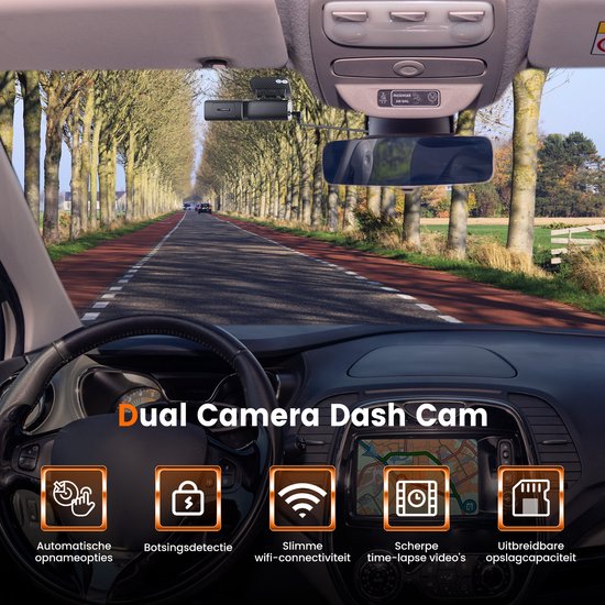 Dashcam voor Auto Voor en Achter - 4K en 64GB - Dual Dashcam - G-sensor en Time-lapse Functie - Zwart - van Faas