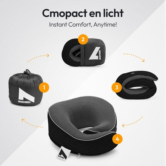 NOHRD Nekkussen Vliegtuig - Reiskussen - Zwart - Memory Foam - Incl. Oordopjes, Slaapmasker & Draagtas - Traagschuim - Neksteun