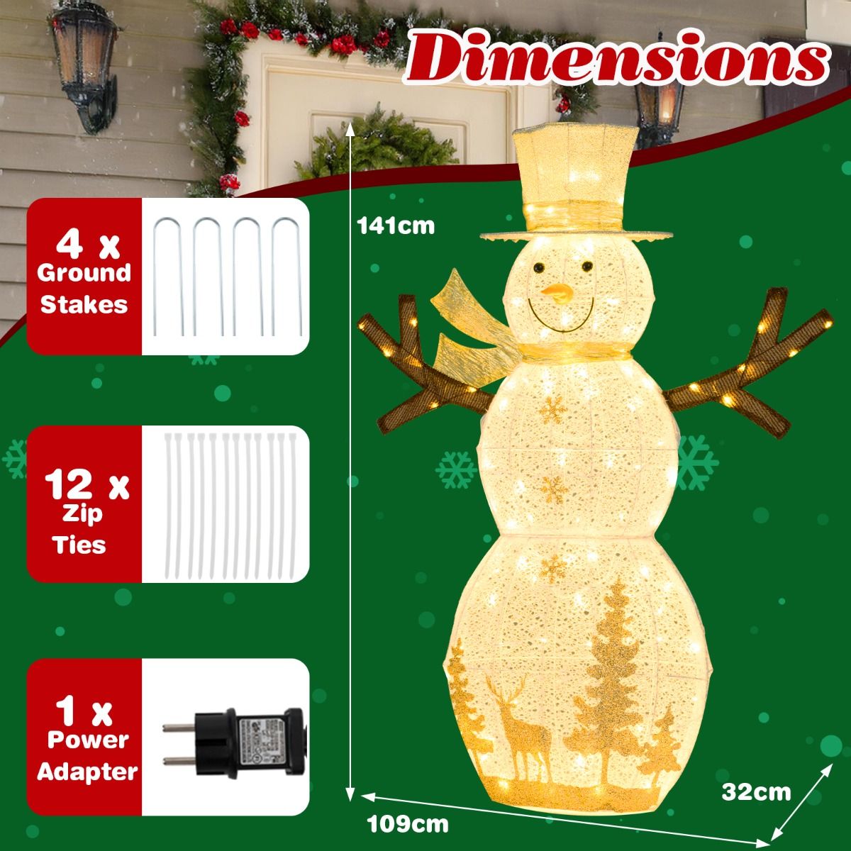 Coast LED Sneeuwman Kerstdecoratie - 100 warmwitte LED-lampen - 141 cm hoog - met hoed en sjaal - wit
