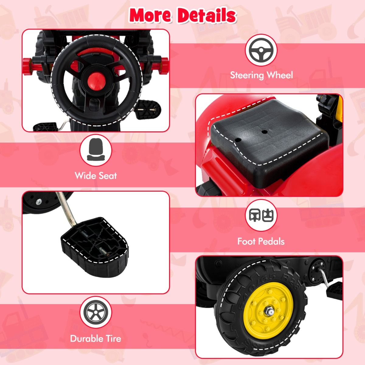 Coast Kinderzittractor - 3-in-1 graafmachine met afneembare aanhanger - 6 wielen - rood