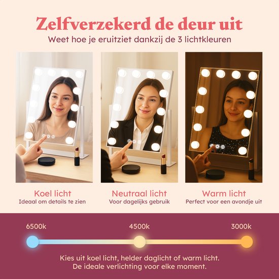 Fraay® Hollywood Spiegel met Verlichting 41x30cm - 3 Lichtstanden - Make Up Spiegel met 10x Vergrootspiegel - LED Verlichting Dimbaar - Incl. Beauty Blenders en Powder puff