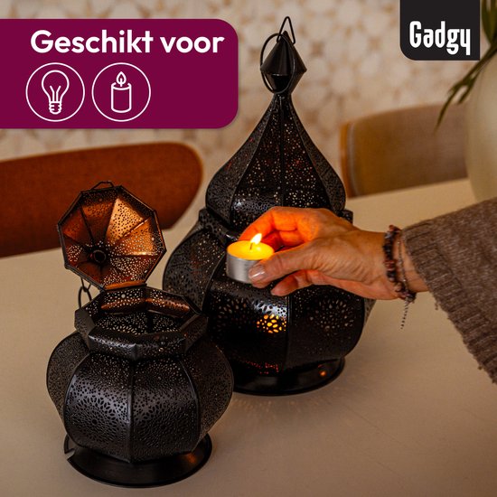 Gadgy Oosterse Lantaarn - Marokkaanse Lantaarn Windlicht - Decoratie voor binnen - Tafellamp - Waxinelichthouders Woonkamer - Theelichthouder Cadeau - Metaal 26x18 CM