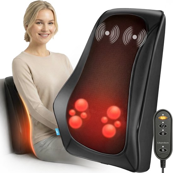 Lifeproducts Massagekussen voor Nek en Rug - Nekmassage Apparaat - Rugmassage - Shiatsu Nek Massage Apparaat met Warmtefunctie en Trilfunctie