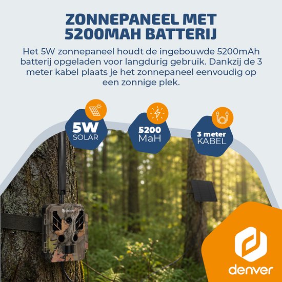 Denver Wildcamera met Nachtzicht en 4G verbinding - Live streaming - 4K Ultra HD video - 48MP - Zonne-energie - TrailCam Go app - WSL8050