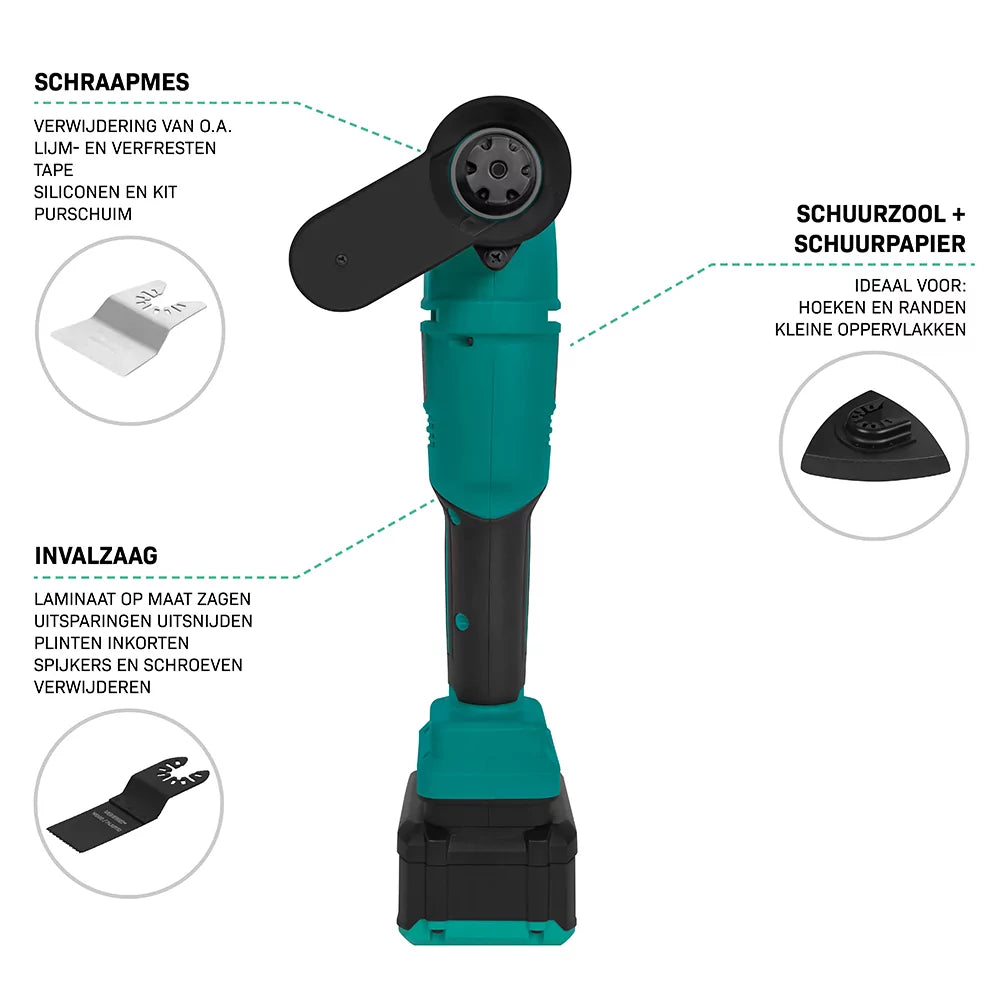 VONROC Accu Multitool 20V - met schraapmes, invalzaagblad, schuurzool en schuurpapier - 6 snelheden: 7.000 - 19.000 rpm - Incl. 4.0Ah accu en snellader