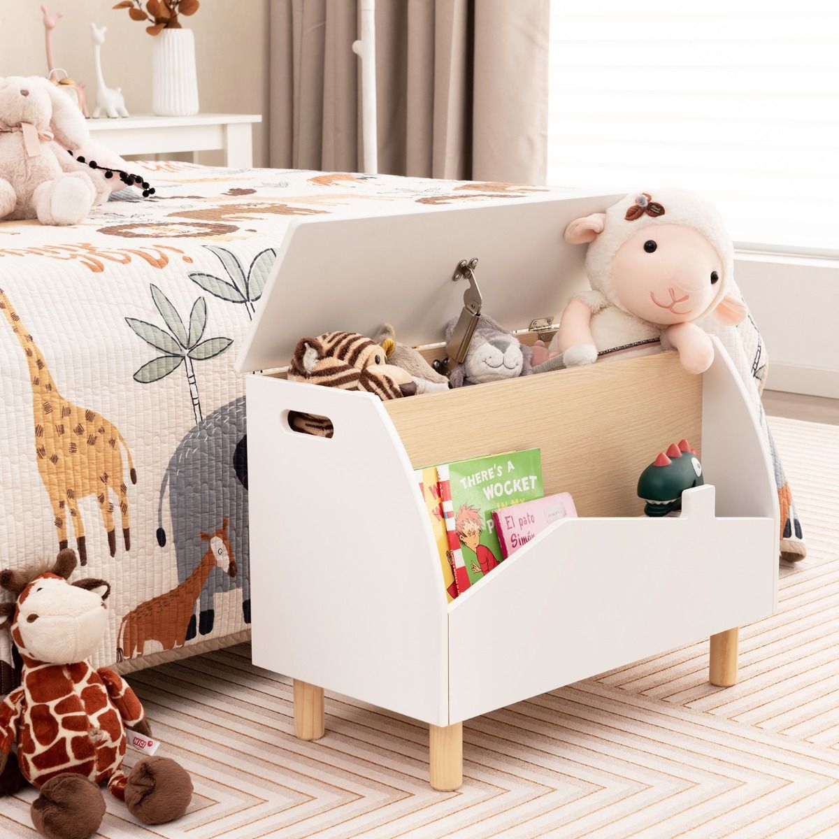 Coast Houten Speelgoedkist met Plank - Veiligheidsscharnier - Handgrepen - Wit 60 x 33 x 44 cm