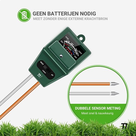 TIKKENS® Vochtmeter Bodem Planten - Vochtigheidsmeter Planten - pH en Lichtmeter - 3 in 1 - Bloemen/Planten - Tuinaarde Testen - Vochtmeters