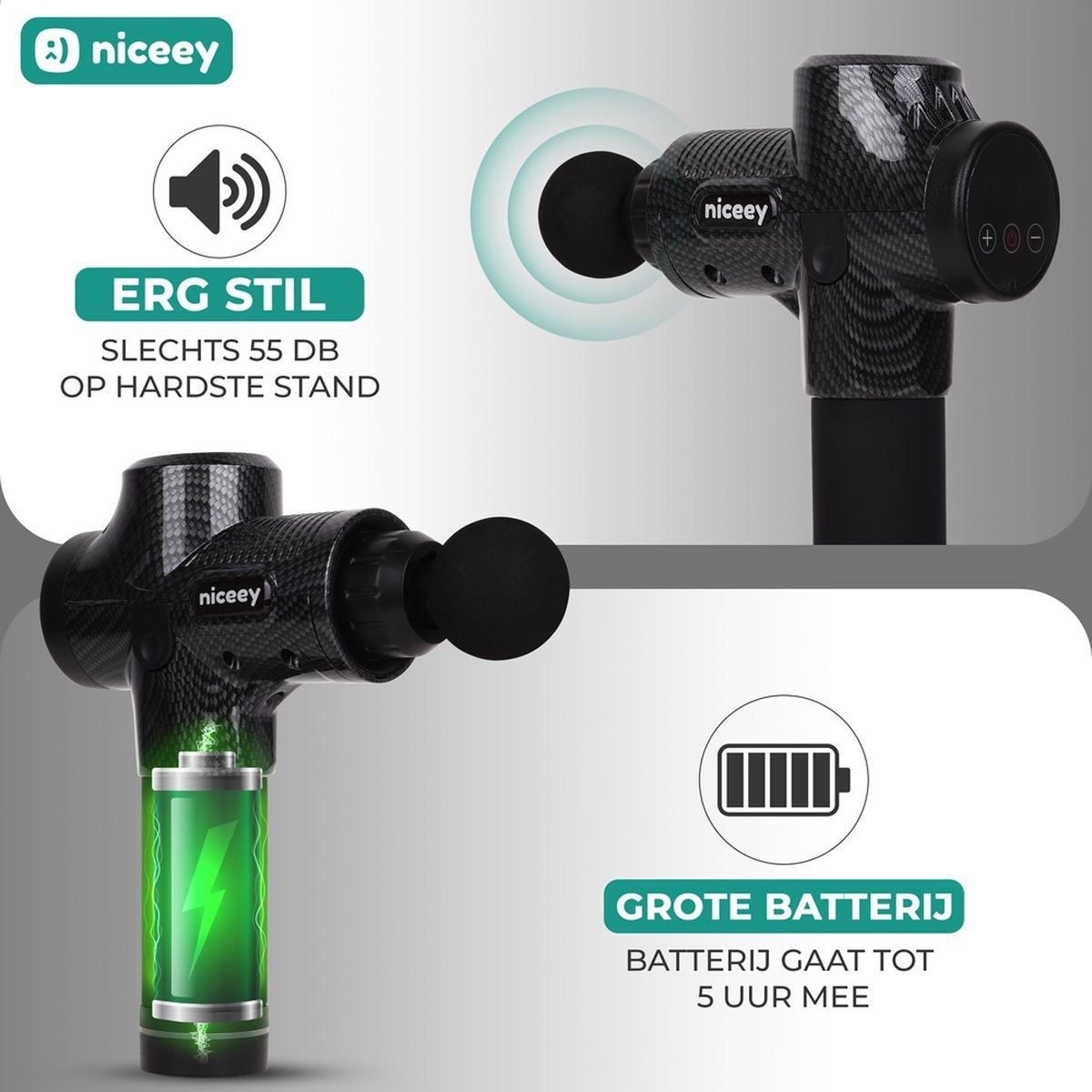 Niceey Massage Gun Pro - 30 Standen Draadloos - 6 Opzetstukken - Massage Apparaat Professioneel - Sport En Relax Massageapparaat - Fitness Spier Massage - Met Koffer - Zwart