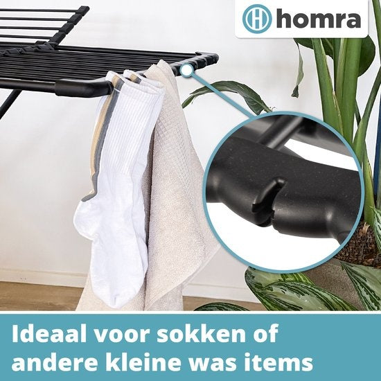 Homra Wasrek Inklapbaar - Tot 22m Was - Staand Droogrek Inklapbaar - Ruimtebesparend Wasrek - Droogrekken - Ecologisch Was Drogen - 182x97x103 CM - Metaal Zwart - Geschikt voor Grote Gezinnen