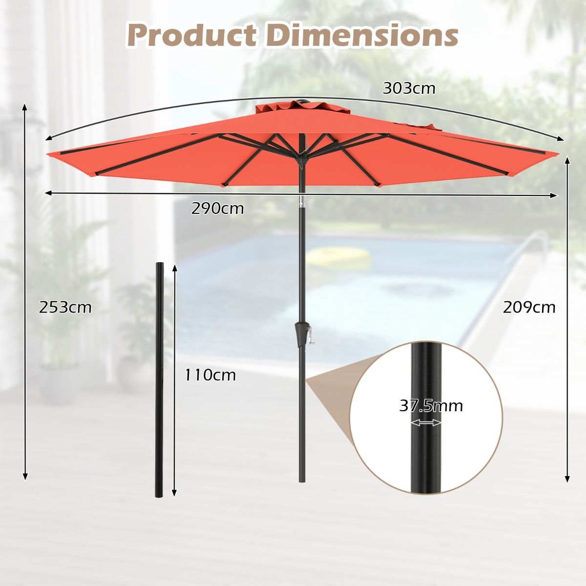 Coast 303x253 cm Terrasparasol Oranje – Kantelbare Parasol met Zwengel en 8 Baleinen voor Tuin, Terras en Zwembad