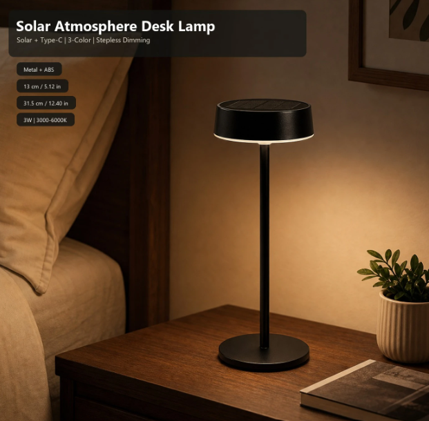Arlgsite Solar Tafellamp - Draadloos - USB-C Oplaadbaar - Dimbaar - 3 Kleurmodes
