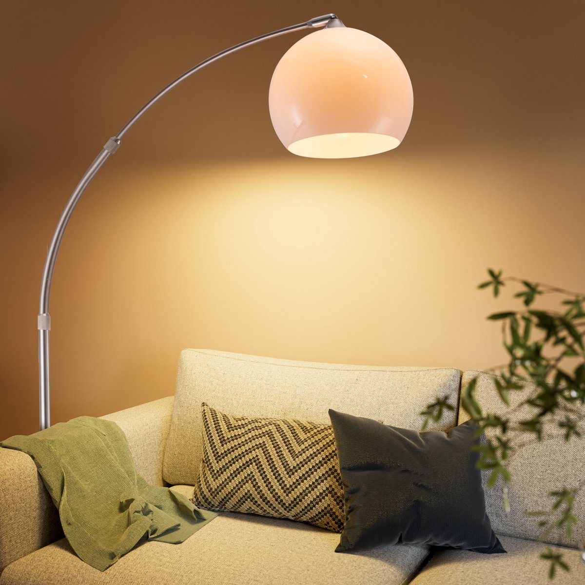 Monzana Retro Design Booglamp - Staande Vloerlamp - Verstelbaar 190-210 cm - Opaalwit - Zilver