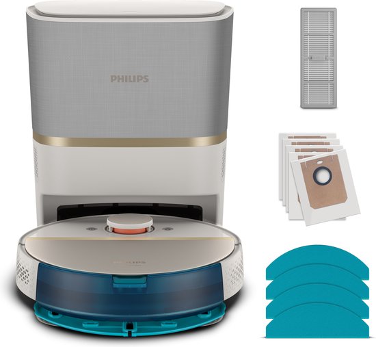 Philips HomeRun Aqua 7000 Series XU7100/02 - Robotstofzuiger met Dweilfunctie - Incl. Laadstation - Wit / Goud - App Connected