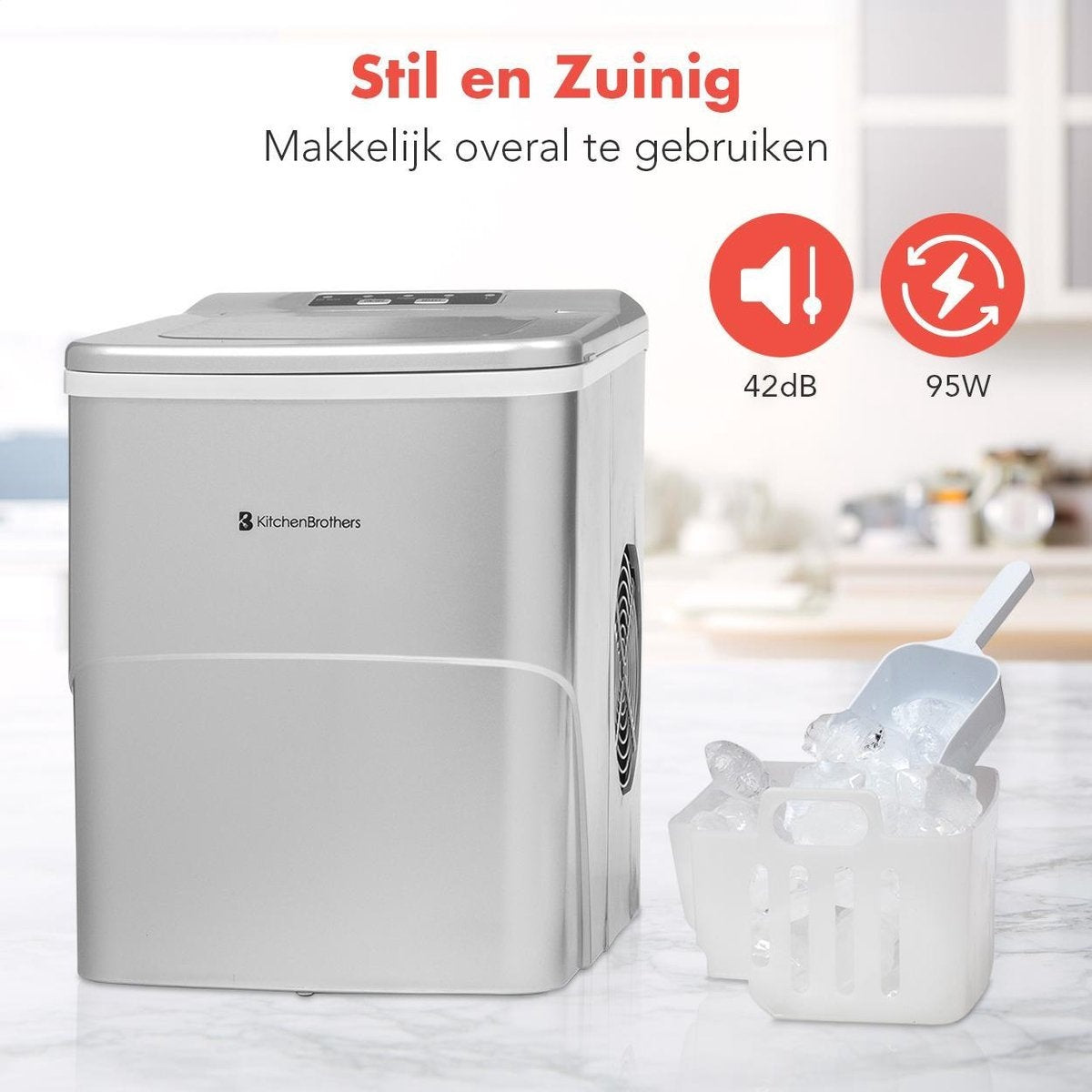 KitchenBrothers - IJsblokjesmachine inclusief ijsschep - 2 Liter - Zilver