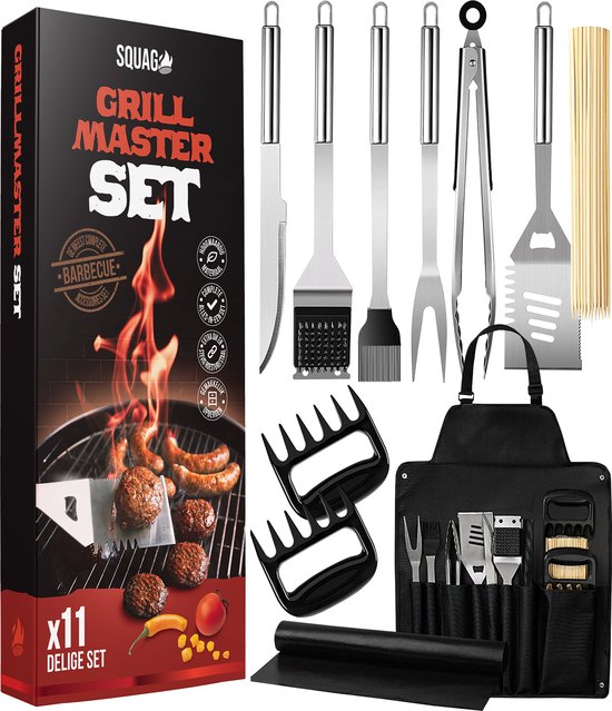 Squago BBQ accessoires XXL Set met Schort - Gereedschap - Gereedschapset Tang Borstel Mat