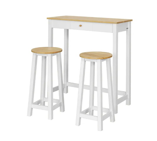 SoBuy Bartafel met 2 Barkrukken - Max. 90 kg per kruk - 95 x 40 x 107 cm - Wit/ Naturel