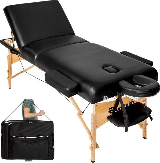 tectake® - Massagetafel behandeltafel met matras van 10 cm hoog + draagtas - extra dikke vulling, water- en oliebestendige vinylhoes, opvouwbaar ontwerp, inclusief opbergtas, ideaal voor salon, tatoeage, therapie - zwart