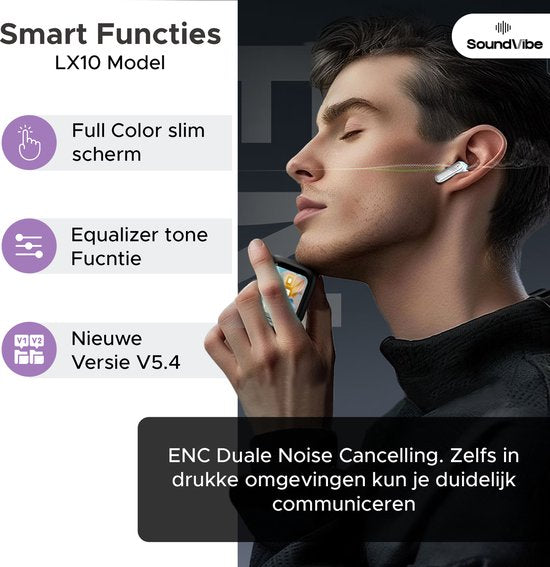 SoundVibe® - Earbuds Draadloos Met Noice Cancelling - Wit - Bluetooth Oordopjes - Noice Cancelling Hoofdtelefoon - LX-10 Earpods met Scherm - Werkt Met Apple En Android - Earpods USB C - Wireless Earphons - Oortjes Draadloos