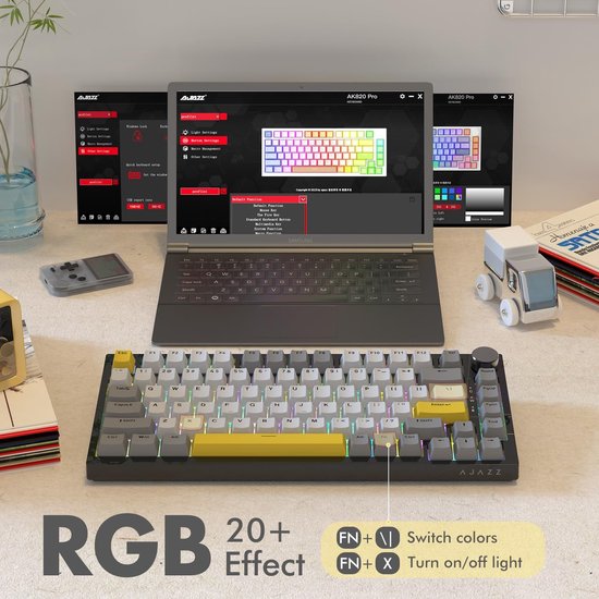Ajazz AK820 - 75% Bedraad RGB Gaming Toetsenbord - Mechanisch - Gasket - Hot Swap - Volumeknop - QWERTY Toetsenborden- 82 Keys - Maanlicht geel