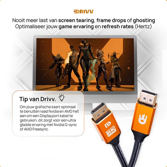 Drivv. Displayport Kabel - 8K 60Hz – 4K 144 Hz - 32.4GBps - Displayport 1.4 - DP Kabel - 1 meter