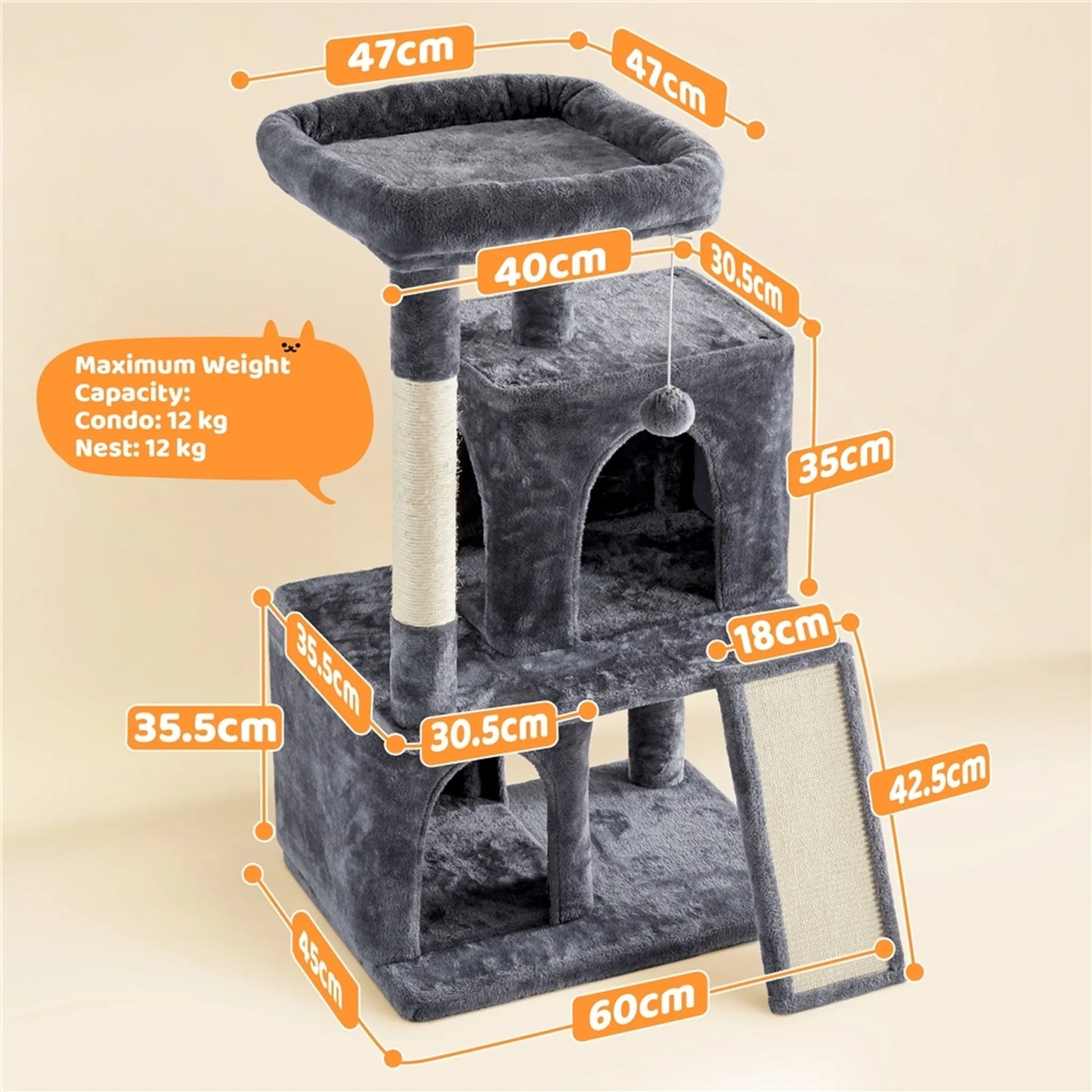 Yaheetech Krabpaal Met Twee Kattenhuisjes – Voorzien Van Uitkijkplatform En Krabplank En Sisalpaal En Speelbal – Voor 1-2 Kleine Tot Middelgrote Katten – Donkergrijs Pluche En Sisal – 60 x 45 x 106 cm