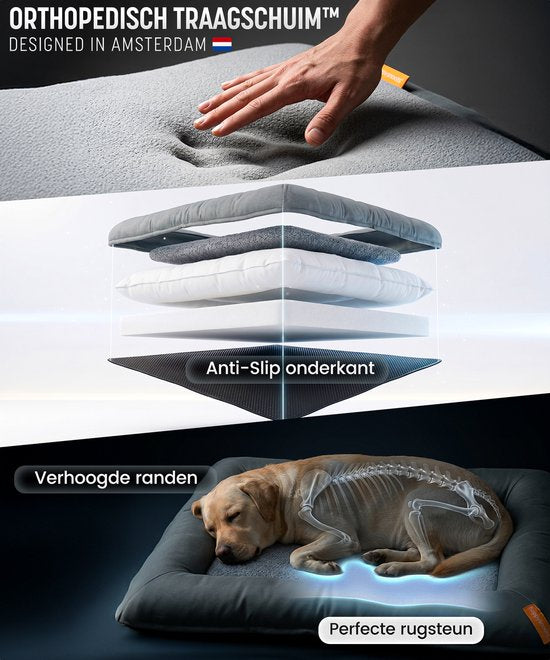 Happysnoots® Orthopedisch Hondenkussen - XL Hondenmand 85 x 70 cm - Wasbaar Hondenbed - Grijs Benchkussen met Rits